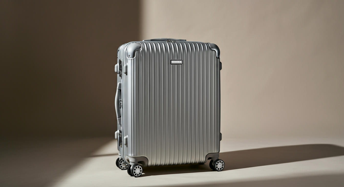 A silver hard-shell suitcase with a ribbed design standing on a light-colored floor with a shadow to the right.