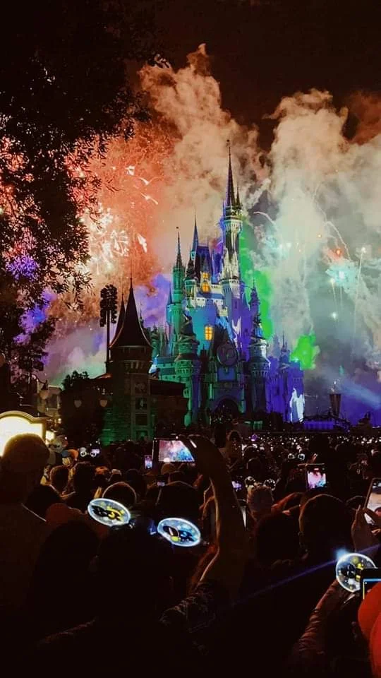 Nighttime fireworks display over a Disney castle at a theme park, with people watching and taking photos.
