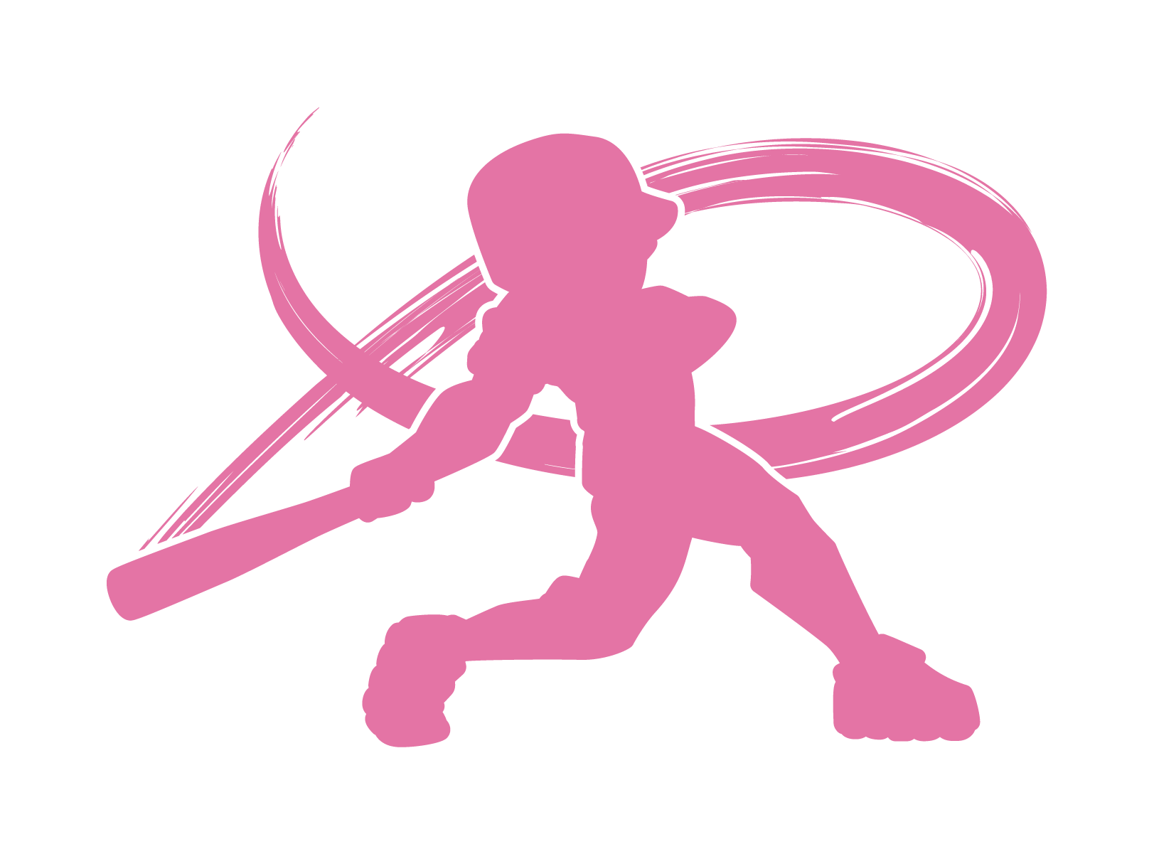 Pink silhouette of a child holding a baseball bat, with a stylized swoosh and crescent moon background.