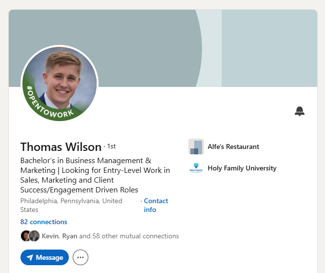 Thomas had almost no social footprint for his young career. We made sure to have a professional headshot provided and a eye-catching headline for potential employers