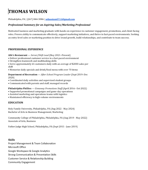 Even though, Thomas has little experience in the field he is looking to get into we made sure to include a summary showing his drive and including his skills that will make him attractive to prospective employers.