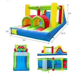 Colorful inflatable bounce house with climbing wall and slide, measuring 21.3 feet long, 9.2 feet wide, and 7.9 feet high, designed for kids' outdoor fun.
