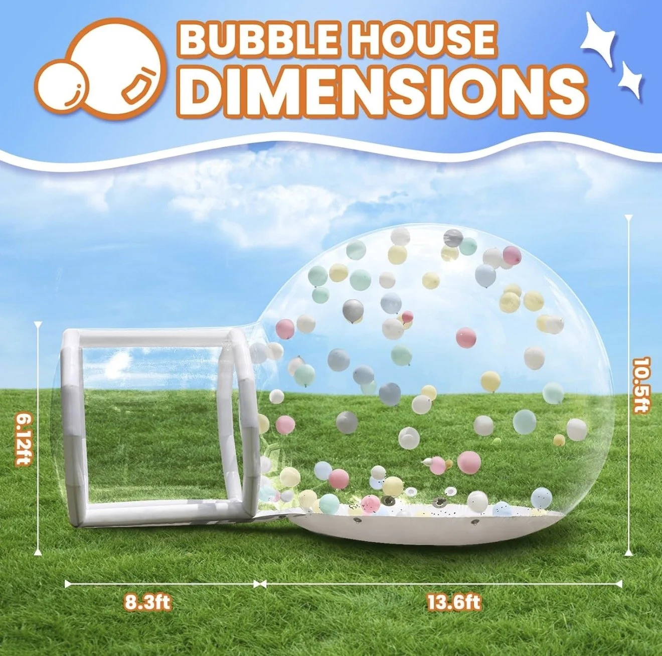 A large transparent bubble with colorful balls inside, attached to an inflatable square frame, set on a grassy field with a blue sky and clouds in the background. The dimensions are labeled 9.12 feet high, 8.3 feet wide, and 13.6 feet long, with the title 'Bubble House Dimensions' at the top.