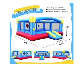 Inflatable bounce house with a slide, colorful in blue, yellow, and red, measuring 15 ft by 14.8 ft, and 6.8 ft tall.
