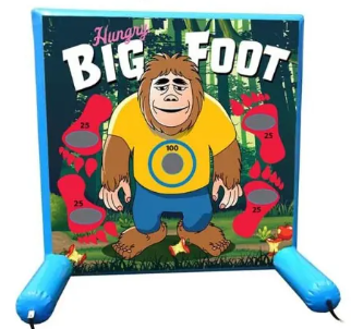 Bigfoot arcade game with a cartoon Bigfoot in the center, surrounded by pink footprints and jungle background on the sides.