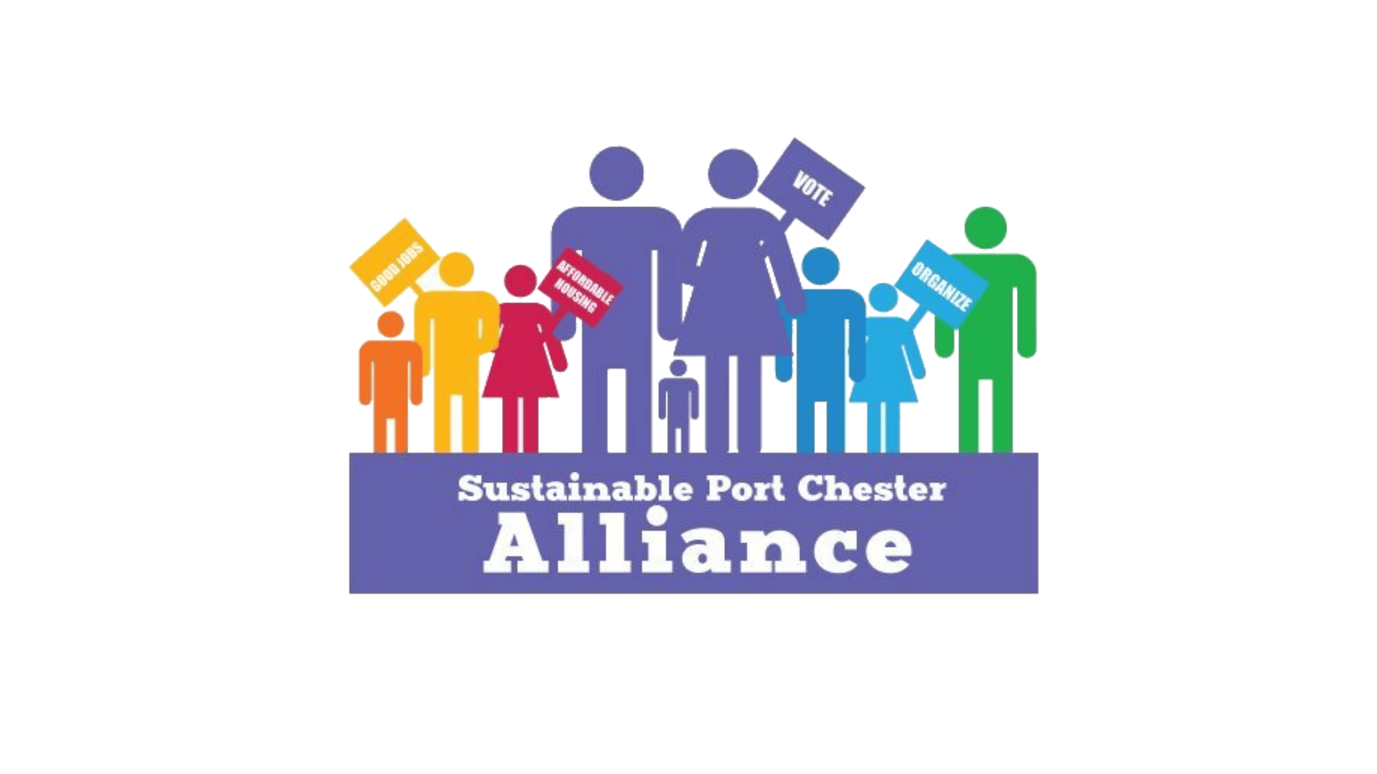 Colorful illustration of diverse people holding signs for good jobs, affordable housing, vote, and organize, with the text 'Sustainable Port Chester Alliance' at the bottom.