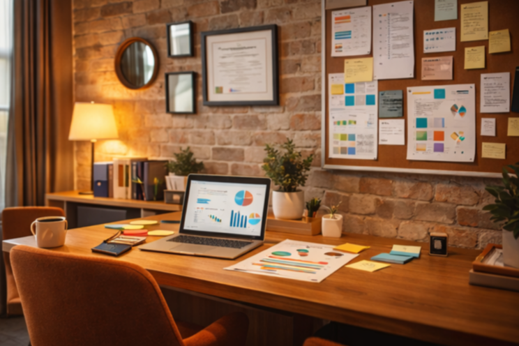 Home office desk with a laptop displaying charts and graphs, surrounded by sticky notes, papers, and office supplies, against a brick wall with a corkboard full of documents and a framed certificate.