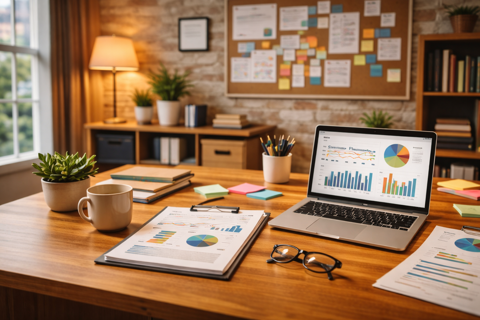 Office workspace with a wooden desk, a laptop displaying charts, notebooks, glasses, a coffee mug, and potted plants. In the background, there's a corkboard with colorful notes and a bookshelf.