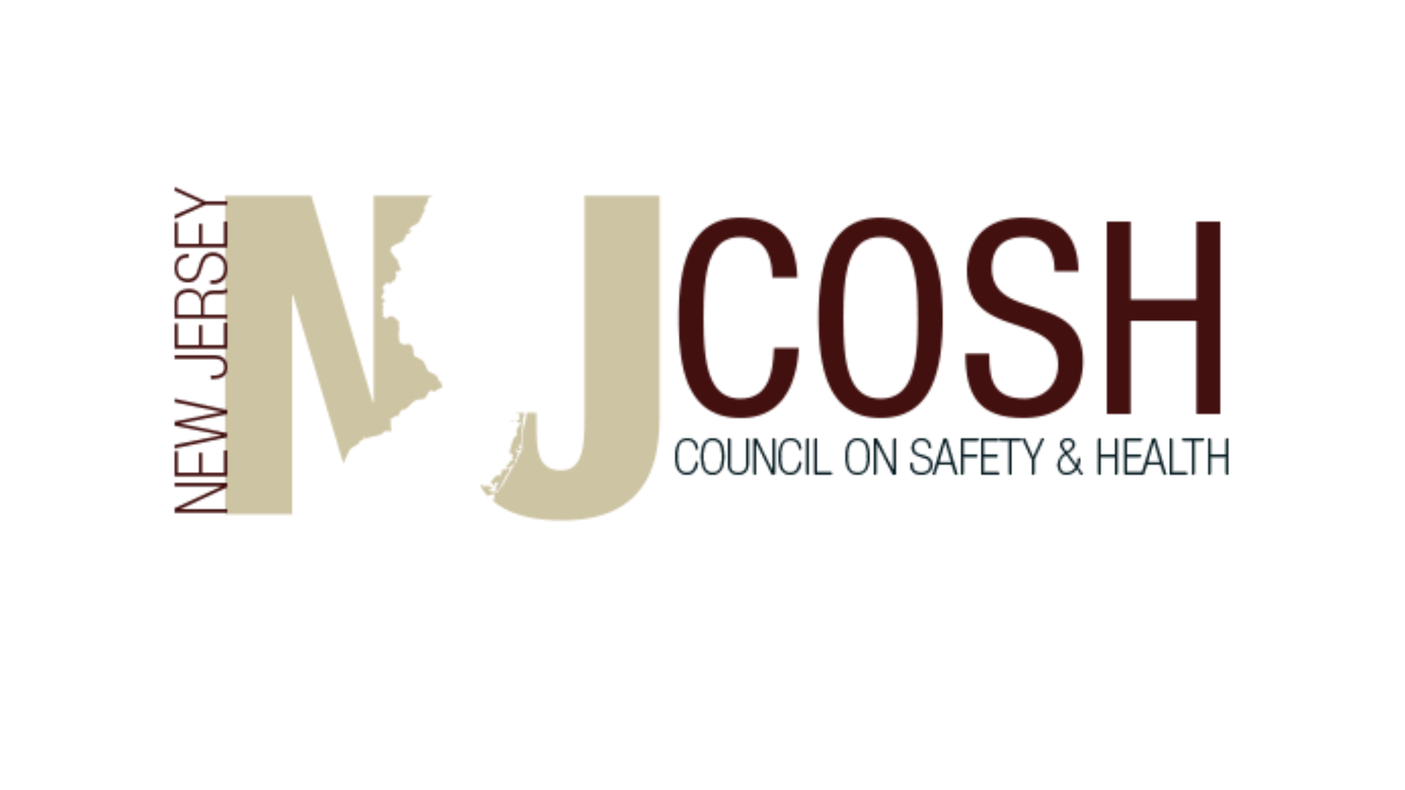 Logo of the New Jersey Council on Safety & Health (NJ COSH), featuring stylized letters NJ in beige with a silhouette of the state of New Jersey, and the words NJ COSH written as Committee on Safety & Health.
