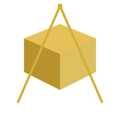 Gold cube on a tripod, with two sticks leaning against it.