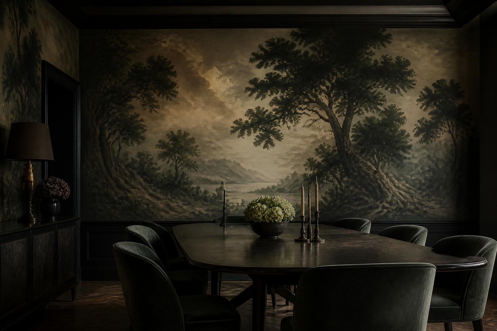 A dining room with a large mural of a landscape with trees and a river, a round table with a floral centerpiece, surrounded by upholstered chairs, and a sideboard with a lamp and decorative objects.