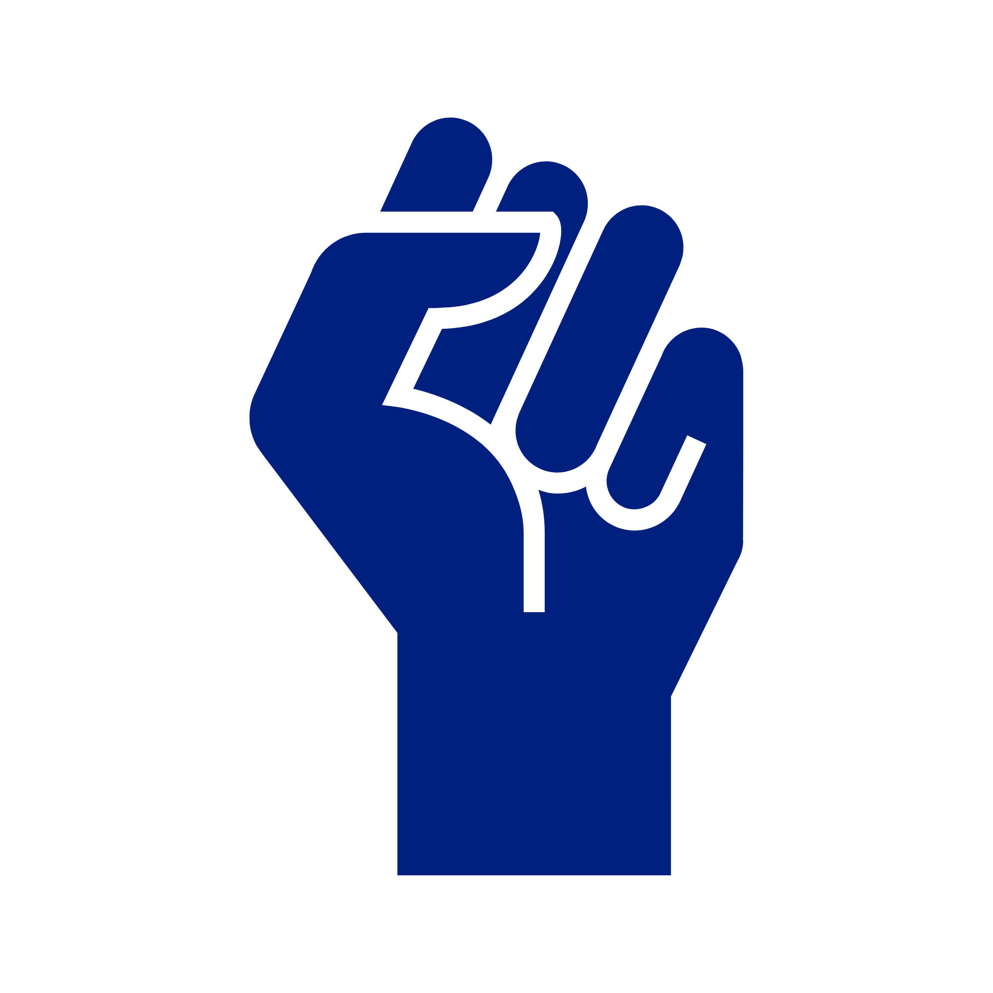 A dark blue clenched fist with three fingers raised, symbolizing protest or solidarity, on a white background.