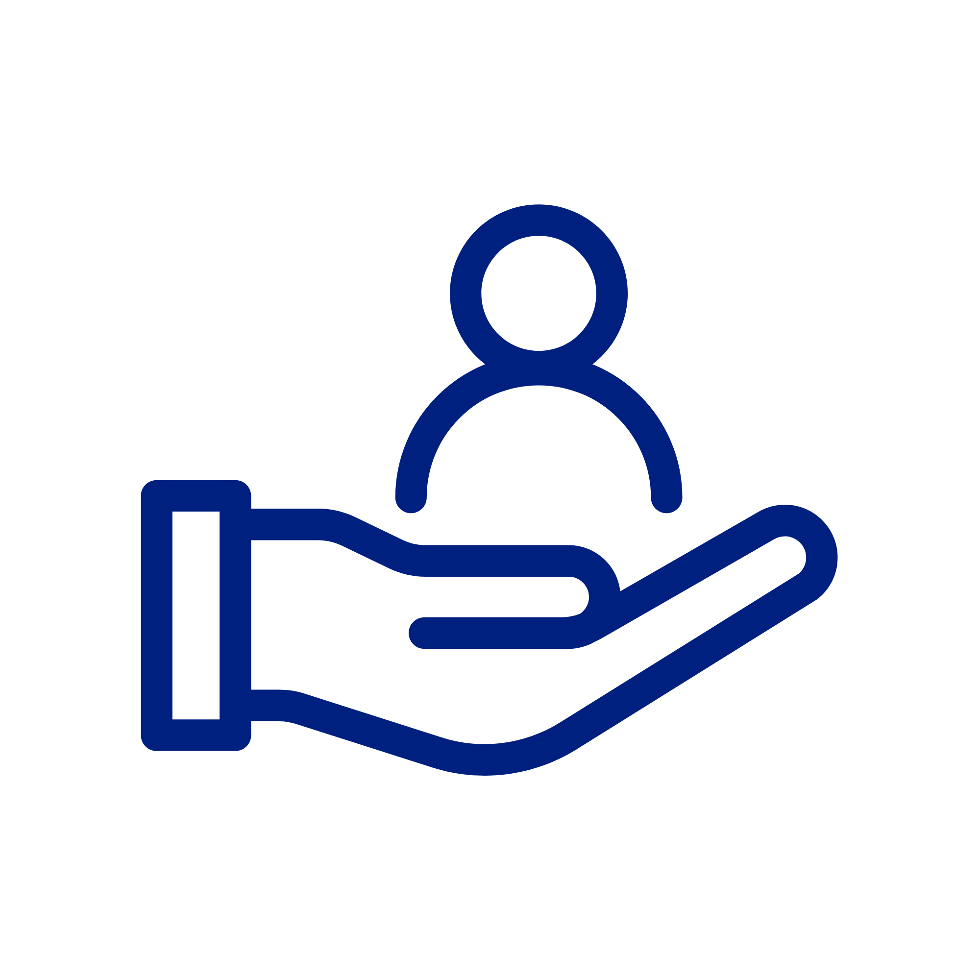 Outline of a hand holding a person icon, symbolizing care or support.