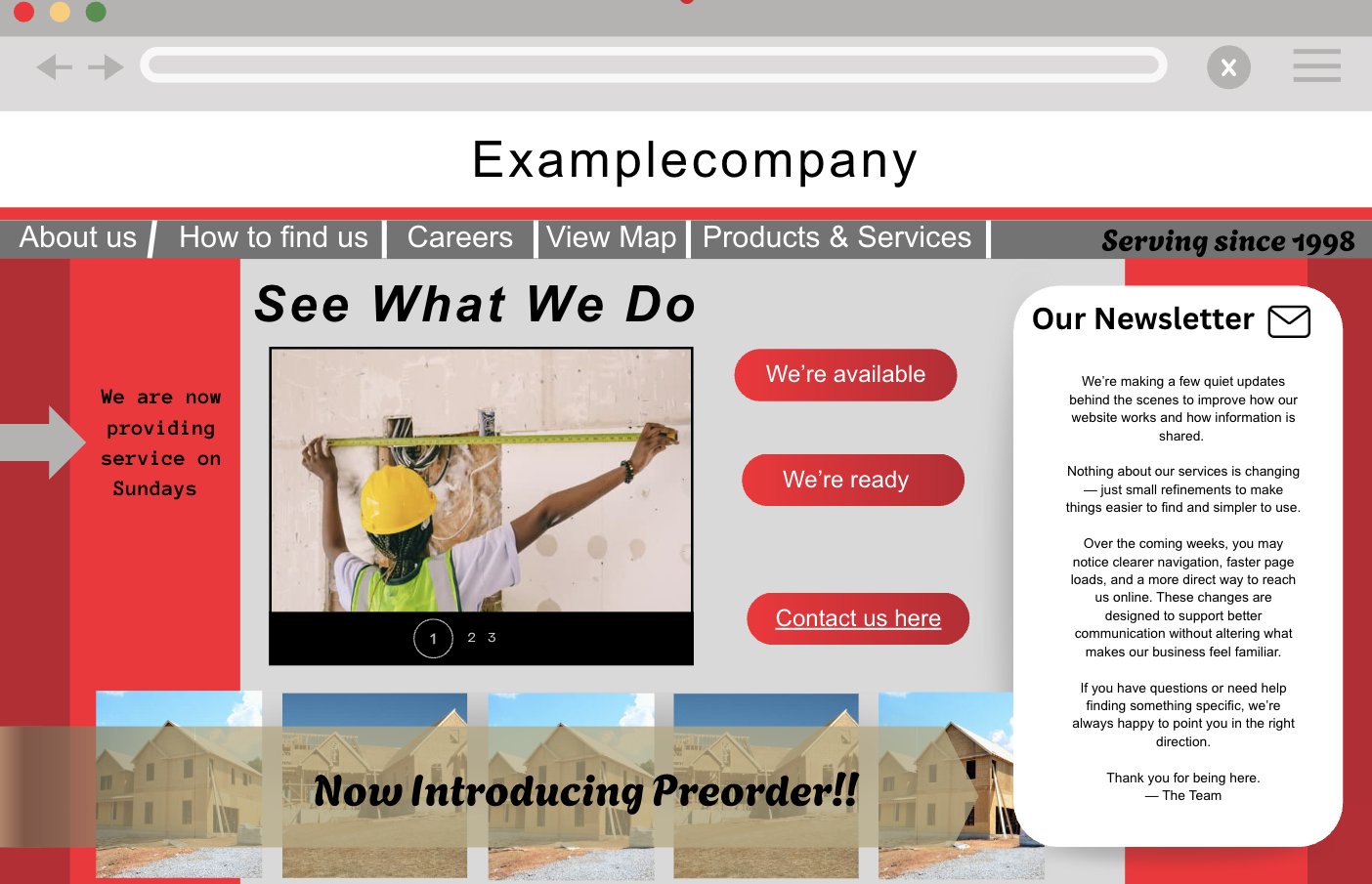 Screenshot of a construction company's website homepage featuring a worker with a yellow helmet measuring a wall, with sections advertising services, a newsletter, and a preorder announcement for homes.