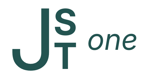 Stylized text reading 'J is one' with the 'J' and 'T' in larger font, and the words 'is' and 'one' smaller, in a dark green color.
