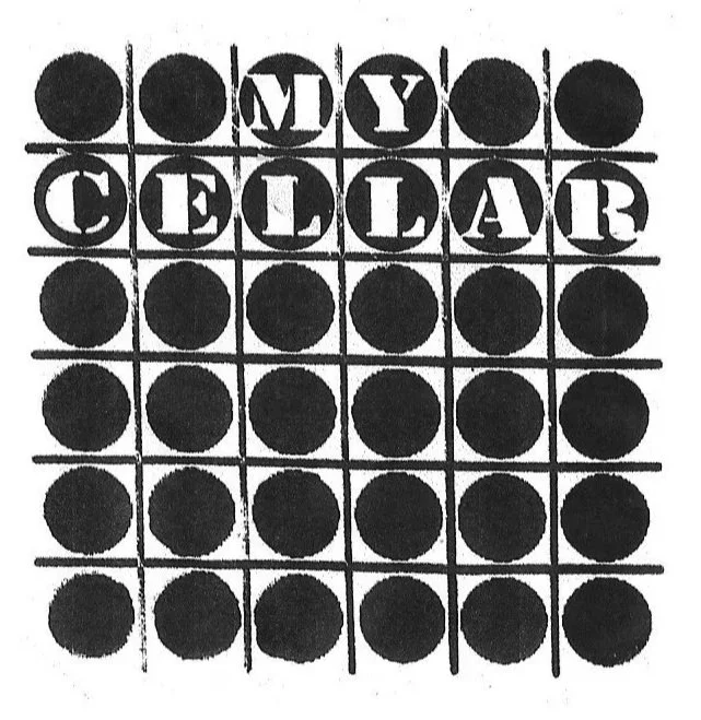 A grid with the words "MY CELLAR" spelled out using block letters in the top row, with the letters enclosed in circles, and the remaining cells filled with black circles.