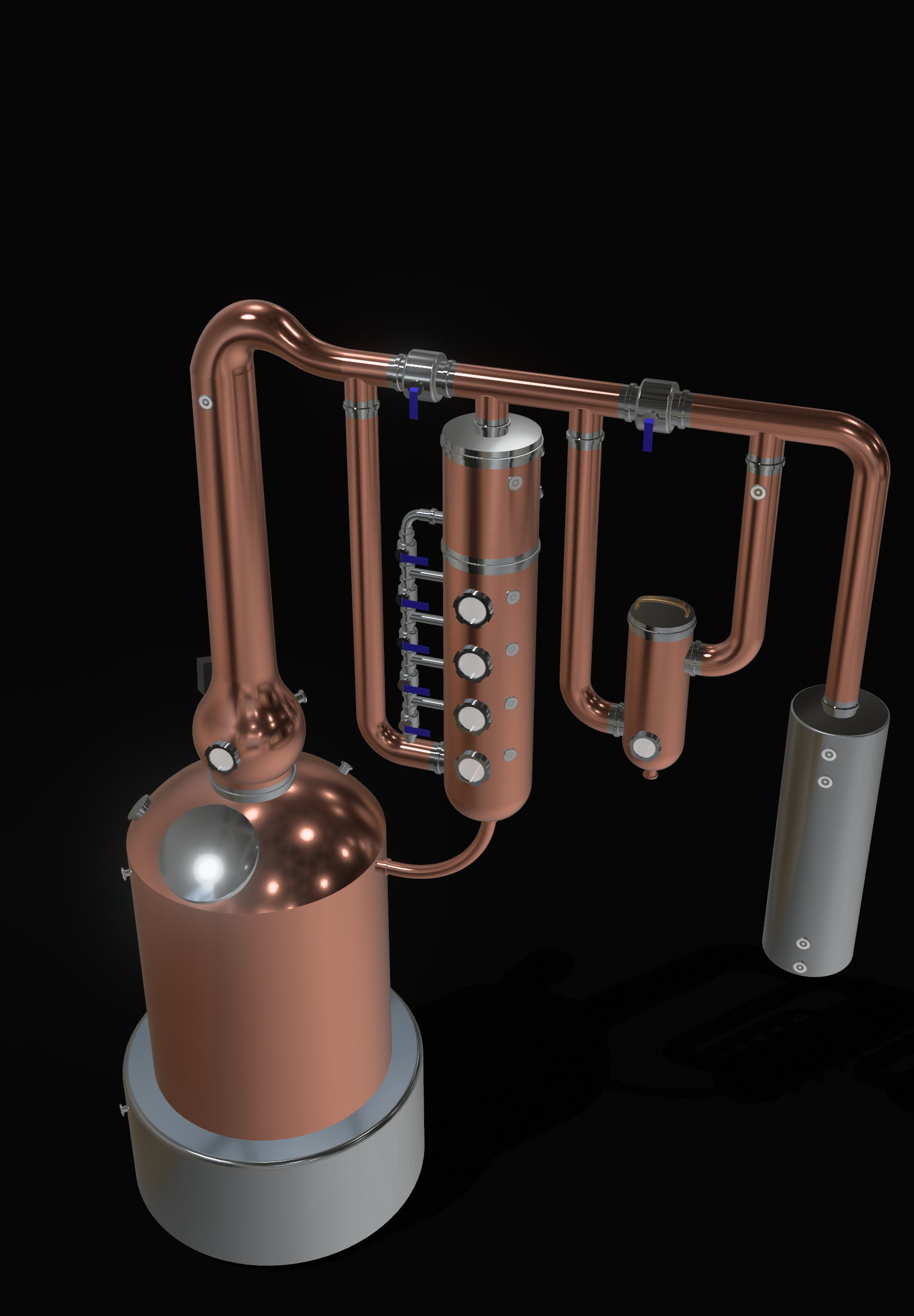 3d CAD drawing of a copper still with black background
