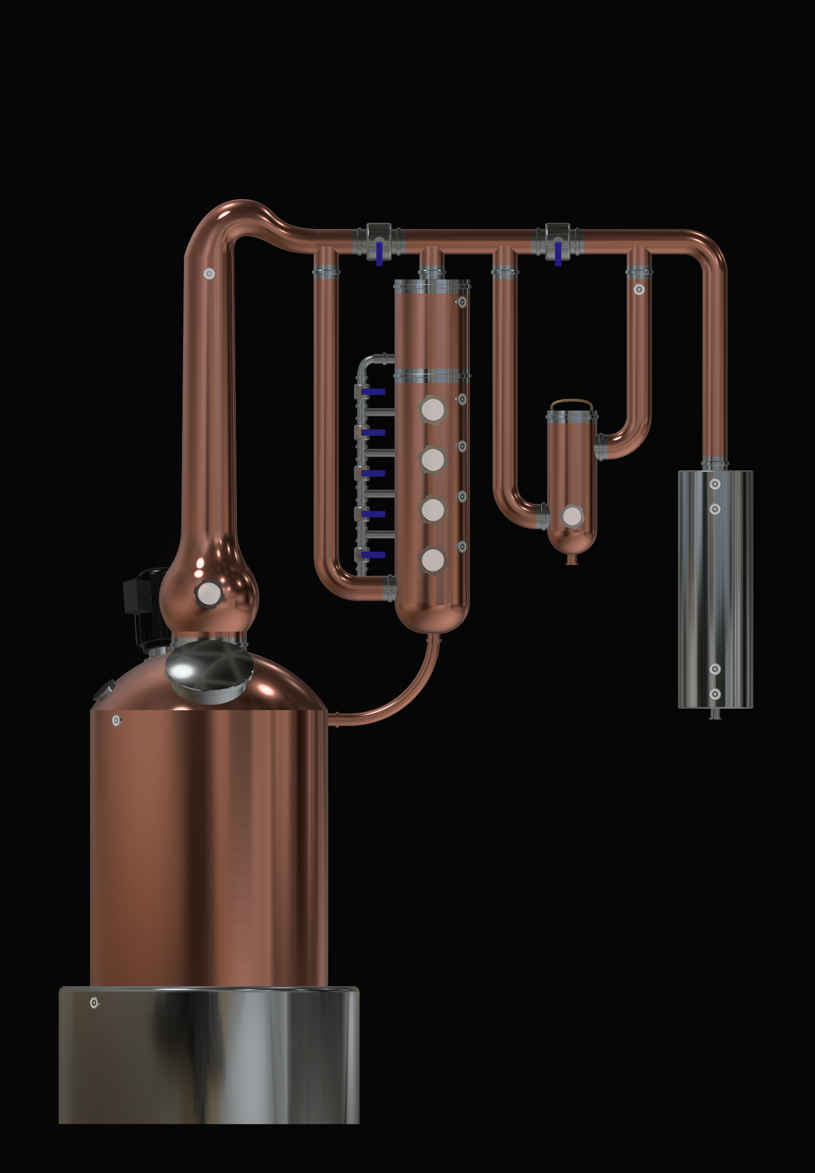 3D CAD model of custom copper distillation equipment created for fabrication planning and augmented reality preview.
