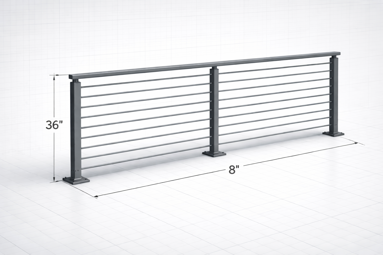 3D CAD rendering of an 8 foot long horizontal steel railing, 36 inches high, with center post and base plate mounting