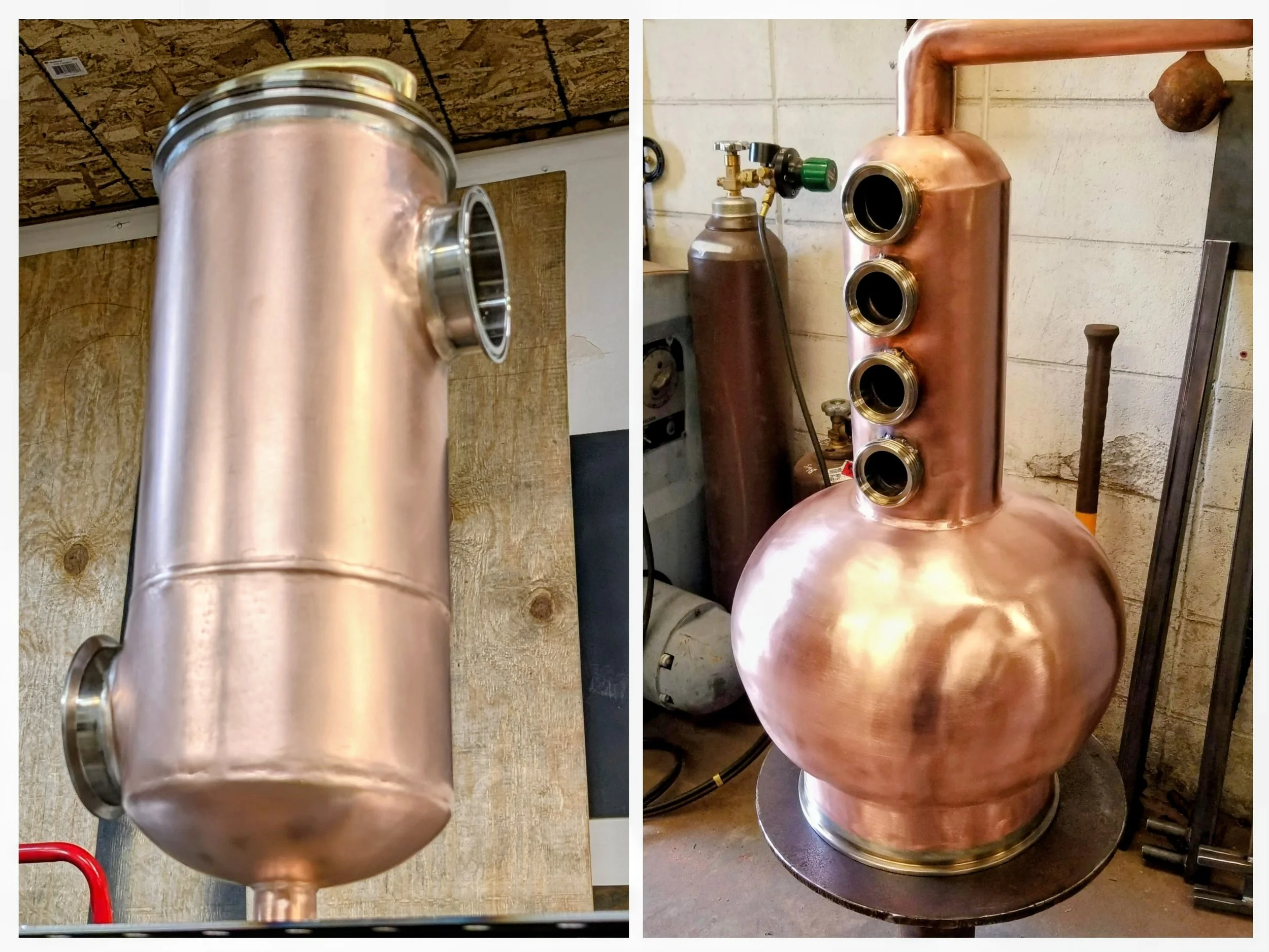 Handcrafted copper pot still with column and tri clamp sight glass ports.