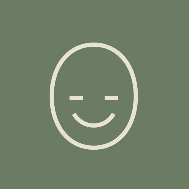 Minimalist line drawing of a smiling face with closed eyes on a muted green background.