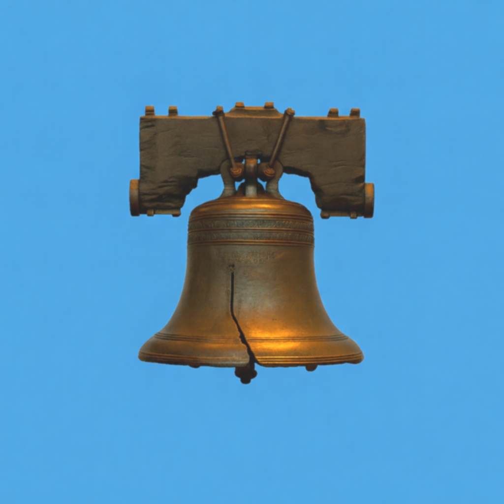 Close-up of a hanging bronze bell against a clear blue sky.