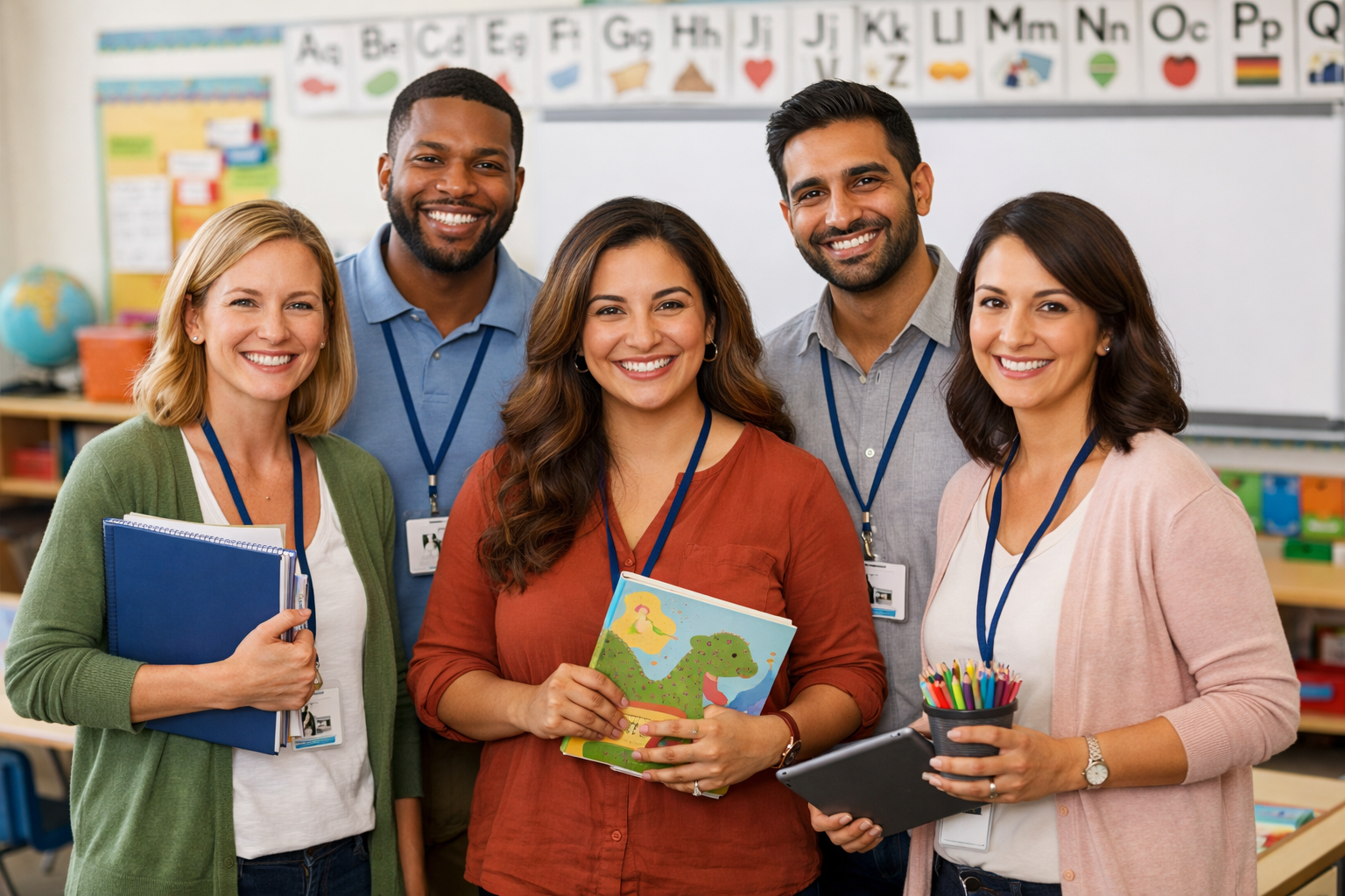 A diverse group of five therapists smiling in a classroom who all work as SLPs, OTs, or PTs at AspireWorks Consulting Group in Houston, TX