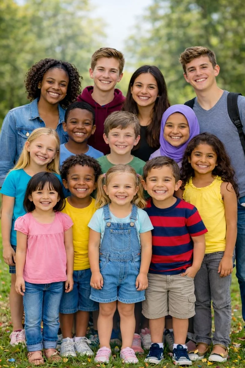Group of diverse smiling children and teenagers outdoors in a park, all with improved communication after receiving speech therapy from a school contract speech therapist in Houston, TX