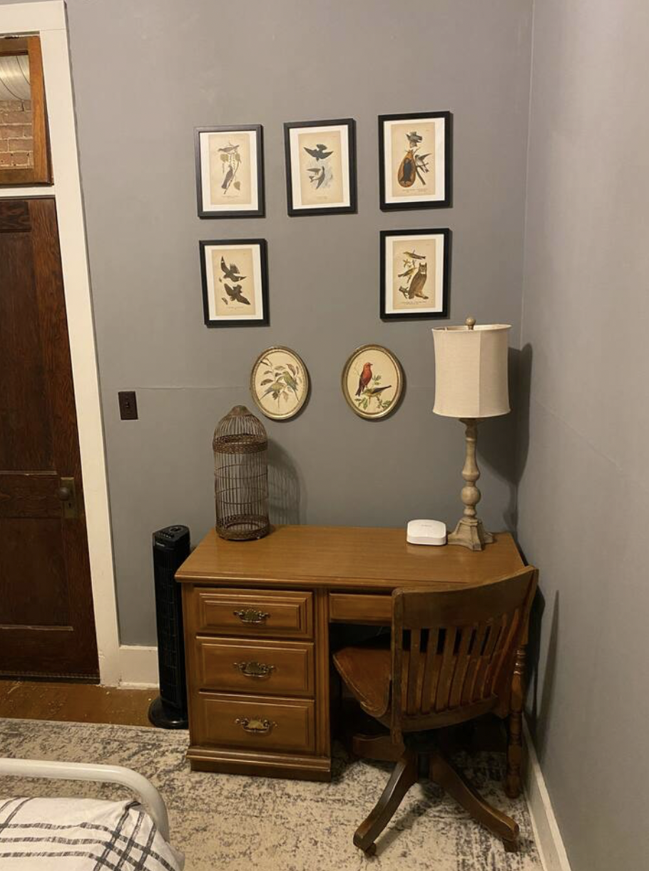 A small wooden desk with drawers, a wooden chair with a stained seat, a tall beige table lamp, a white wireless router, and a decorative birdcage on top. There are framed bird illustrations on the gray wall above the desk, with two decorative plates featuring bird designs beneath them. A black tower fan is on the floor next to the desk, with part of a bed visible in the foreground.