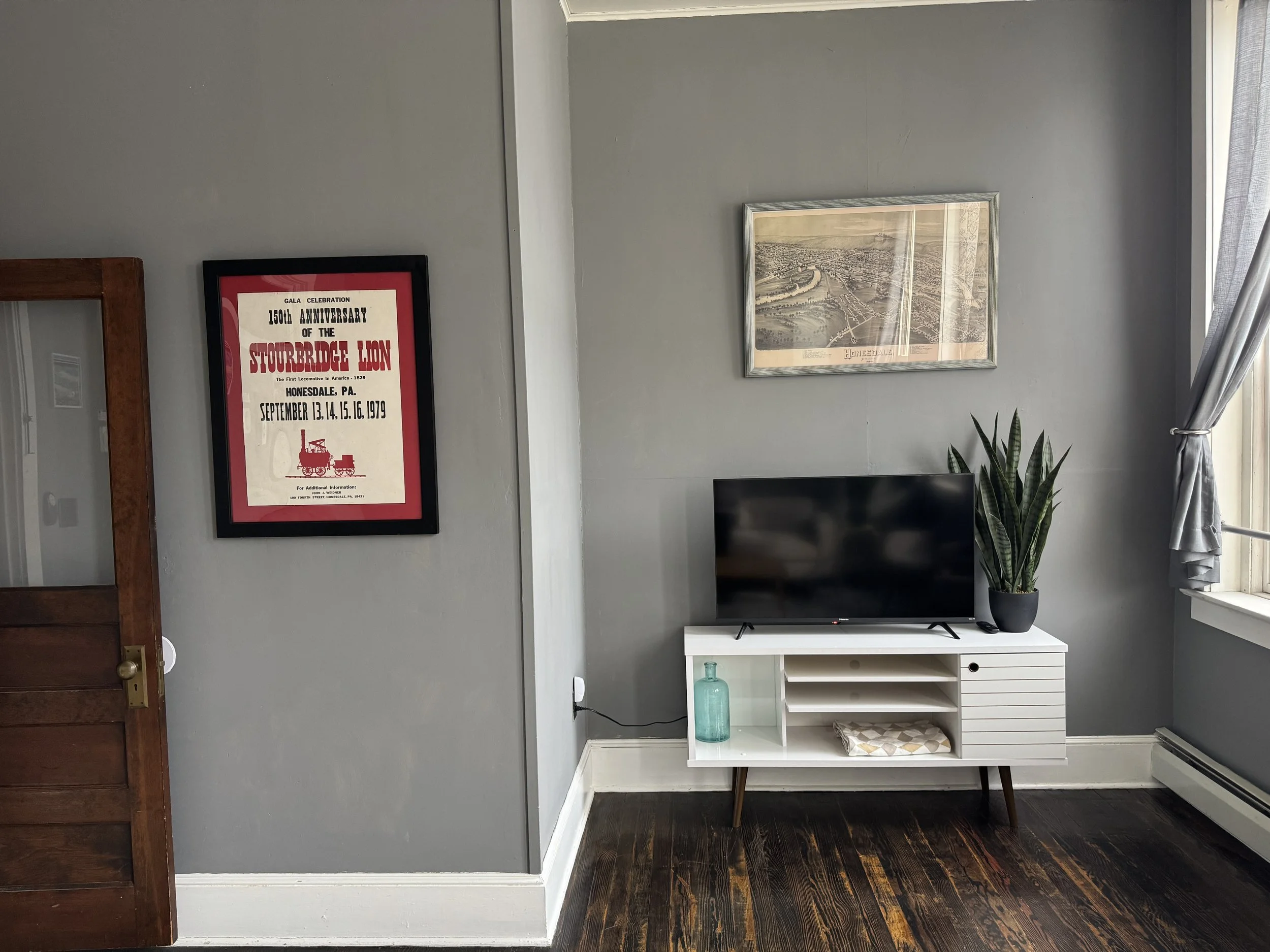 A living room corner with a gray wall, a framed poster about the 150th anniversary of the Stourbridge Lion, a small white TV stand with shelves, a flat-screen TV, a green vase, a large potted snake plant, and a window with gray curtains.