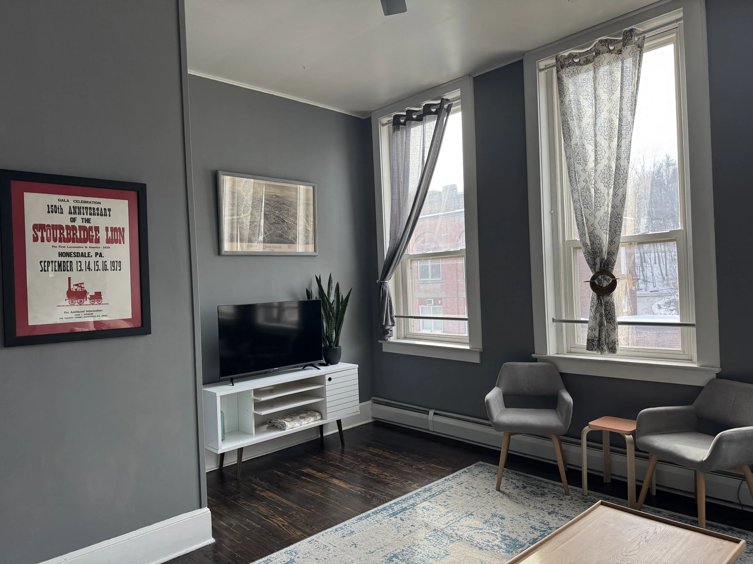 Living room with gray walls, two large windows with patterned curtains, a flat-screen TV on a white stand, two gray chairs with wooden legs, a small pink side table, a framed poster on the wall, and a framed picture above the TV.