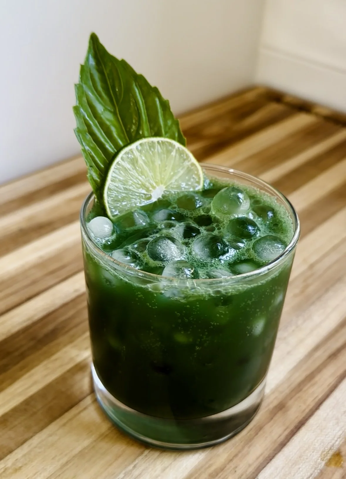 A green cocktail in a clear glass garnished with a lime slice and a large mint leaf, served with ice cubes on a wooden surface.