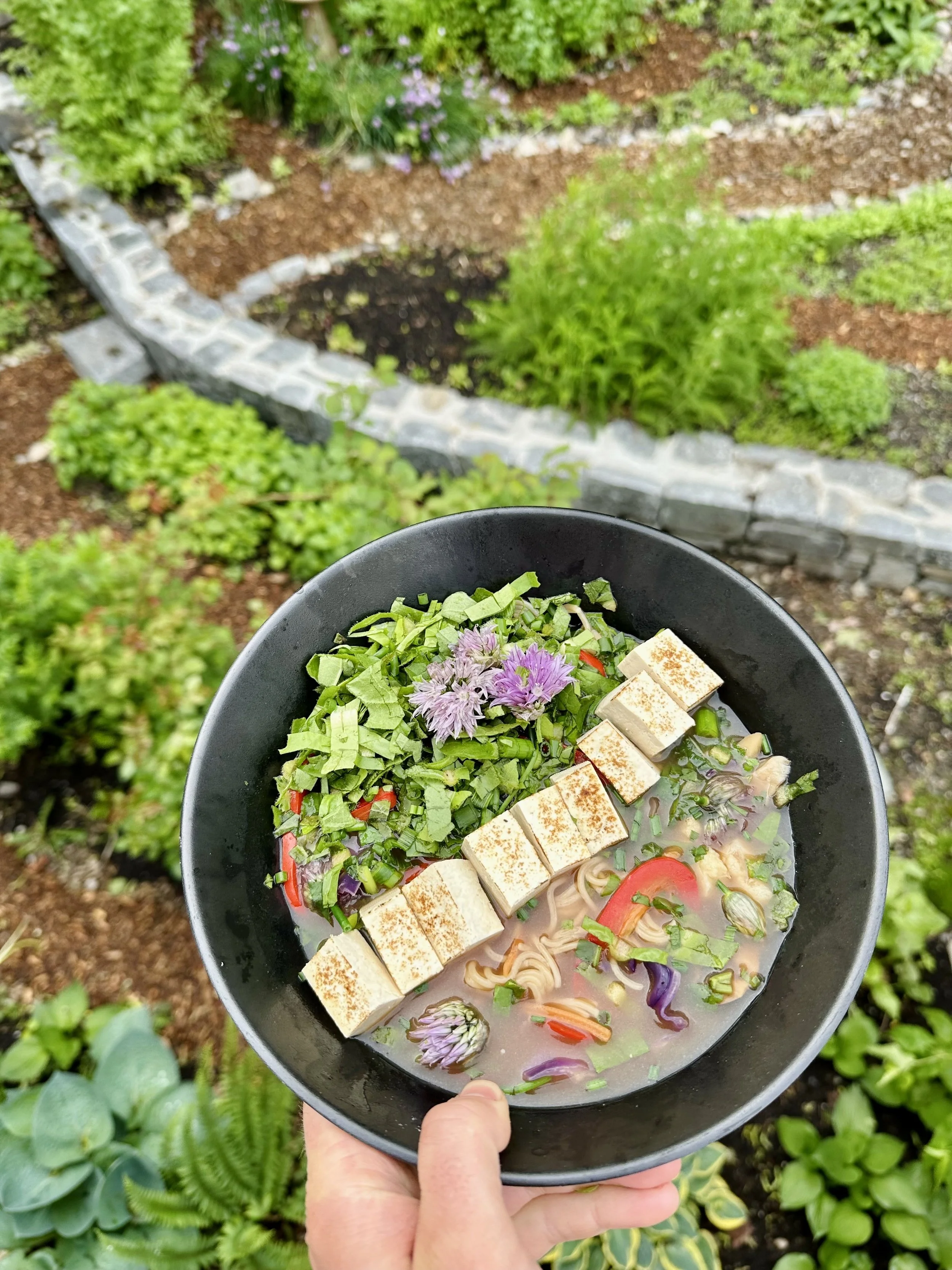 A hand holding a black bowl of ramen with tofu, sliced vegetables, and edible flowers, fresh herbs, and a garden in the background.