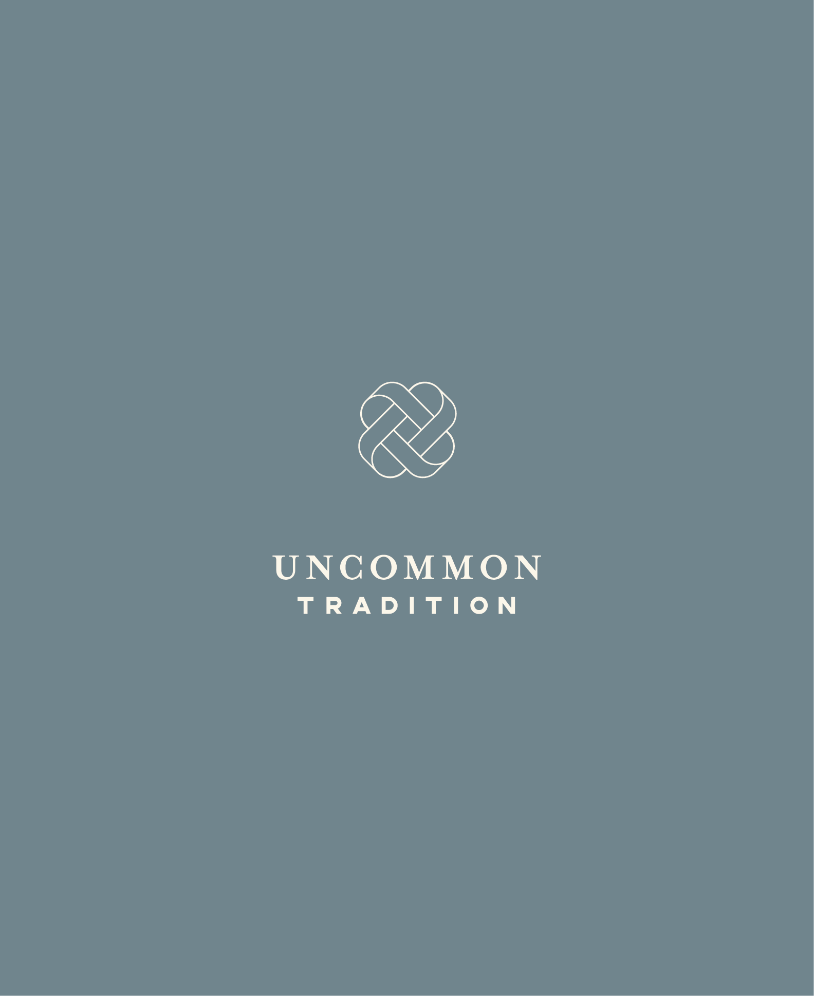 Cover with a gray background, a white logo of an interwoven knot in the center, and the text 'Uncommon Tradition' below the logo.