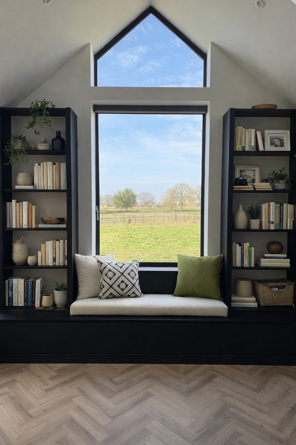 A bright room with a large front window overlooking a grassy field with trees under a blue sky. The window has a triangular top window and a rectangular bottom window. There are two black bookshelves on either side of the window, filled with books, decorative objects, and plants. Below the window is a built-in seat with pillows, one white with a black geometric pattern and the other green.