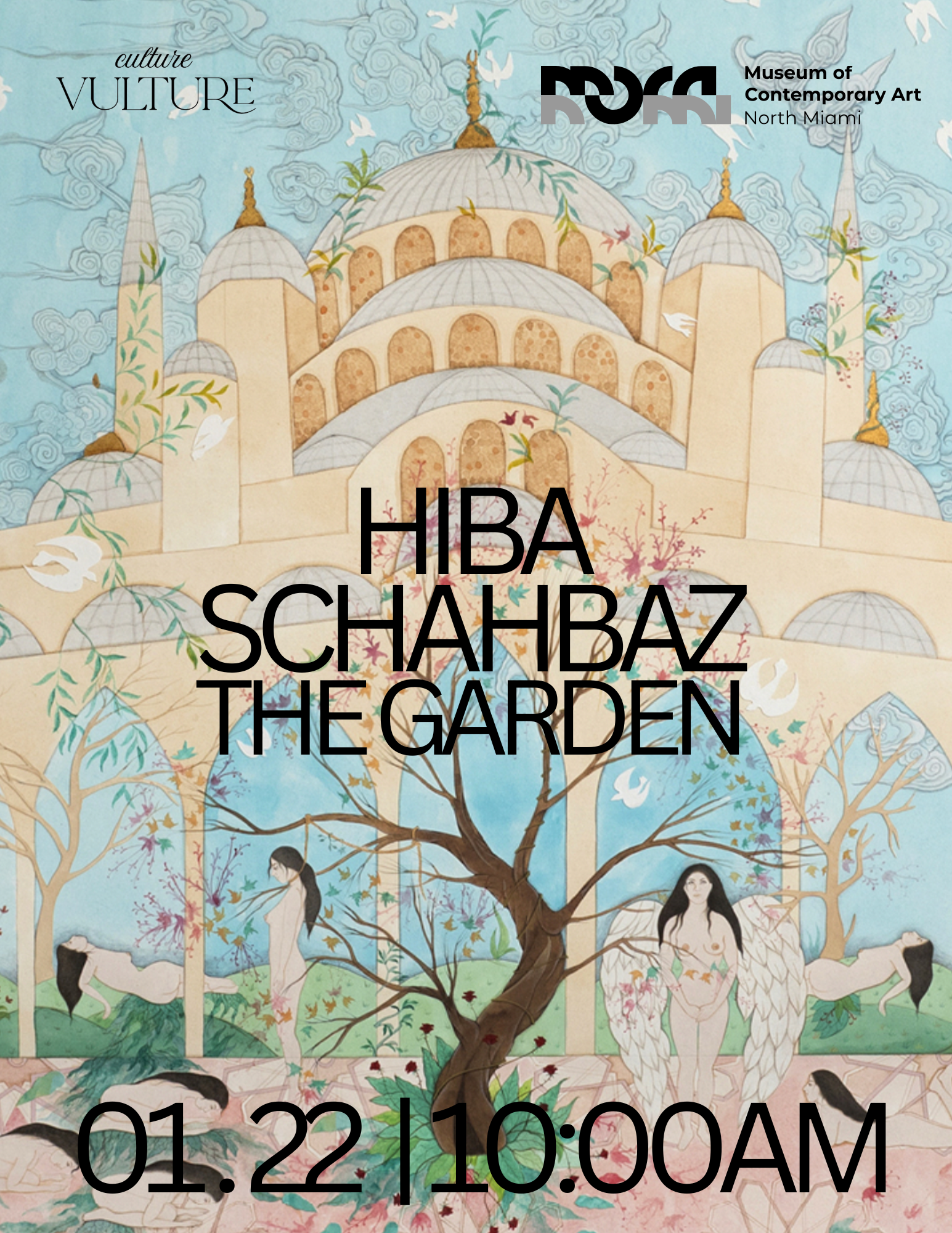 Artistic poster promoting Hiba Sahbaz's garden exhibition at the Museum of Contemporary Art in North Miami, scheduled for January 22 at 10:00 AM. The background features a whimsical illustration of a grand castle with domes, surrounded by trees and mythical creatures with human and animal features.