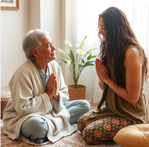 A young woman and an elderly woman sit on the floor facing each other, with hands pressed together in a prayer gesture, in a bright room with a potted plant and white curtains behind them.