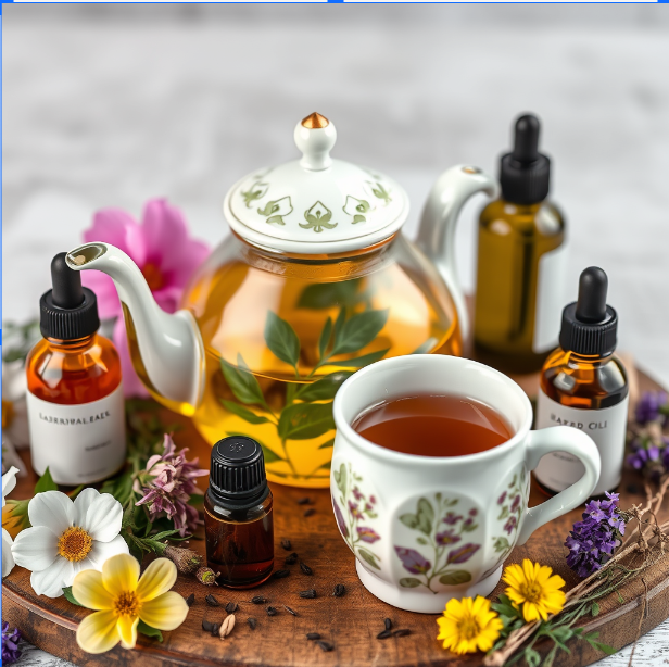 A teapot with herbal tea, surrounded by essential oil bottles, flowers, and herbs on a wooden tray.