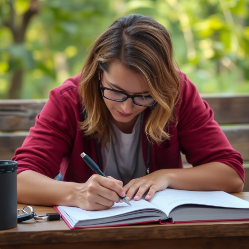 A young woman with glasses and shoulder-length hair writes in a notebook at an outdoor wooden table with a green blurred background.