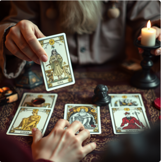 A person holding a tarot card over a table with other tarot cards, candles, and a black figurine.