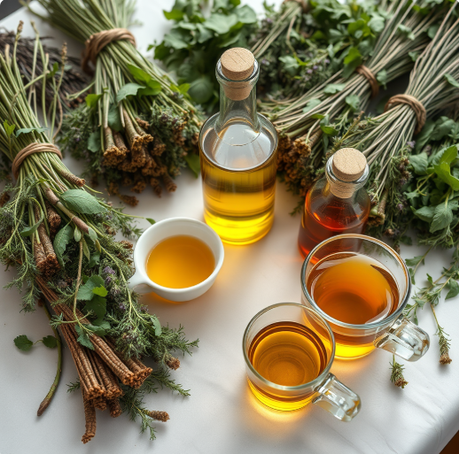 Assorted herbal bundles, bottles of herbal oil, and two cups of herbal tea on a white surface.