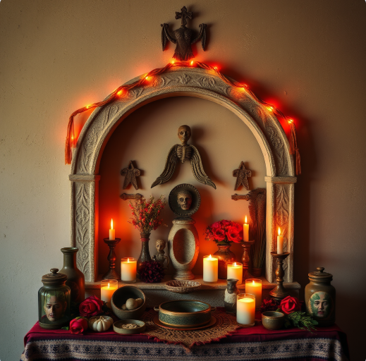 Día de los Muertos altar with candles, flowers, skulls, and decorative items, illuminated by orange string lights.