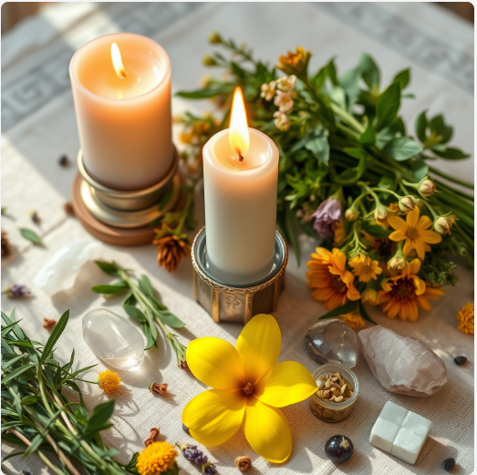 Lit candles surrounded by flowers, crystals, and small objects on a table.