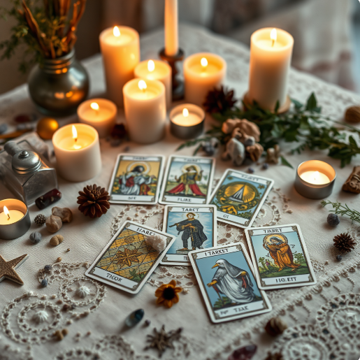 Tarot cards laid out on a table surrounded by lit candles, pinecones, and greenery.