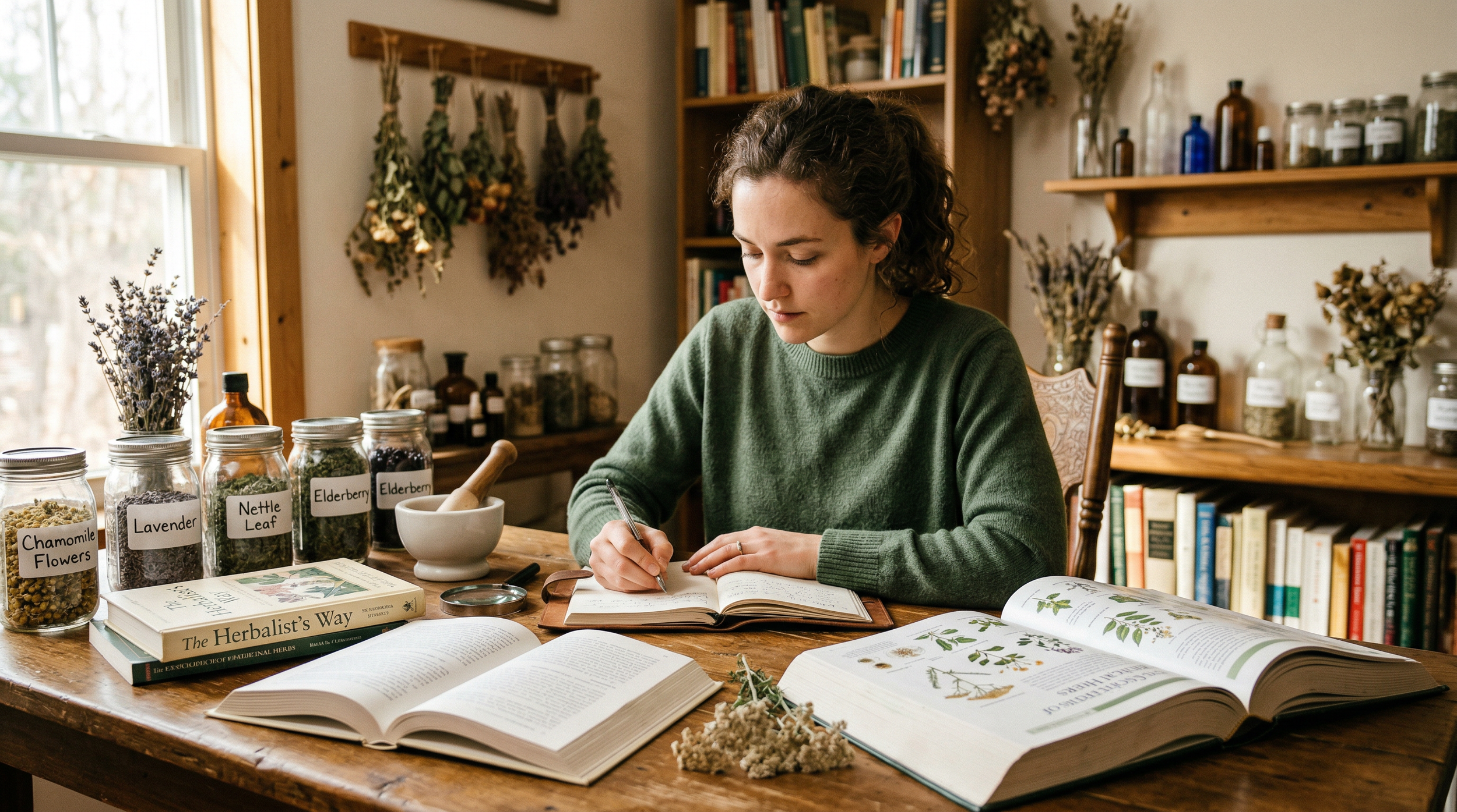 A woman with curly hair and a green sweater writing in a notebook at a large wooden table, surrounded by botanical books and jars labeled with herbal names, in a cozy room with shelves of books and dried herbs on the wall.