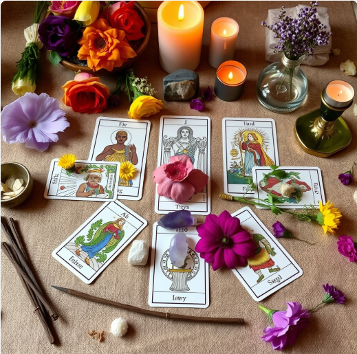 A tarot card reading setup with tarot cards laid out on a beige cloth, surrounded by flowers, candles, and crystals.