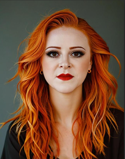 A woman with bright orange wavy hair, bold makeup, and red lipstick. She is looking directly at the camera with a neutral expression, wearing a dark top with a sheer black cover-up.