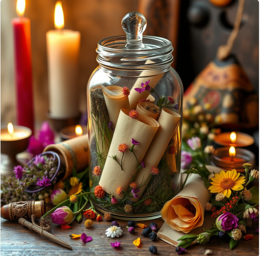 A glass jar filled with rolled scrolls decorated with flowers, surrounded by candles, fresh flowers, and a small wooden-handled tool on a wooden surface.
