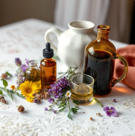 Assorted herbal remedies and flowers on a lace tablecloth, including amber glass bottles, a glass of herbal tincture, a white teapot, and colorful flowers.