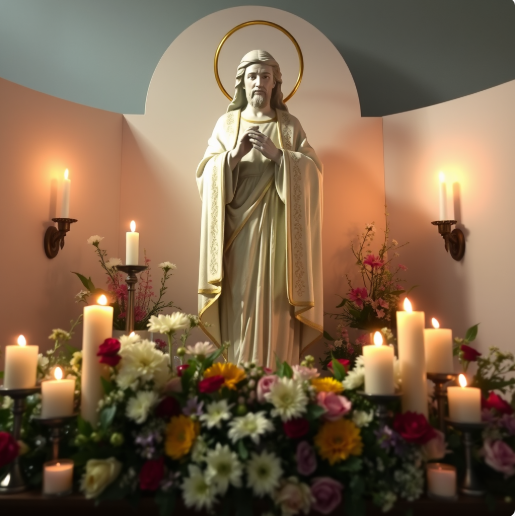 Statue of Jesus Christ surrounded by lit candles and flowers in a religious setting.
